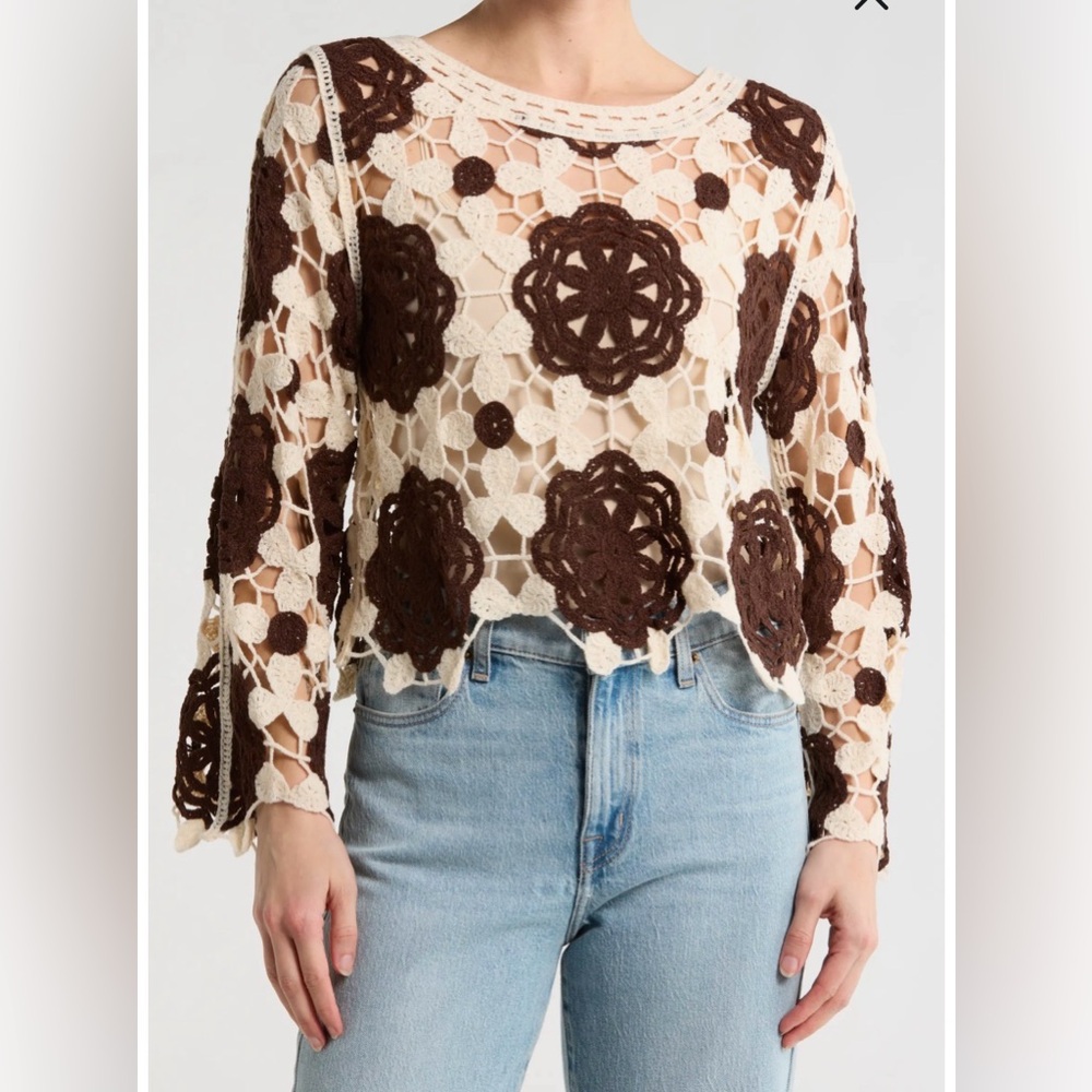 Cloth by Design Boho Brown and Cream Crochet Bell Sleeve Lace Top L